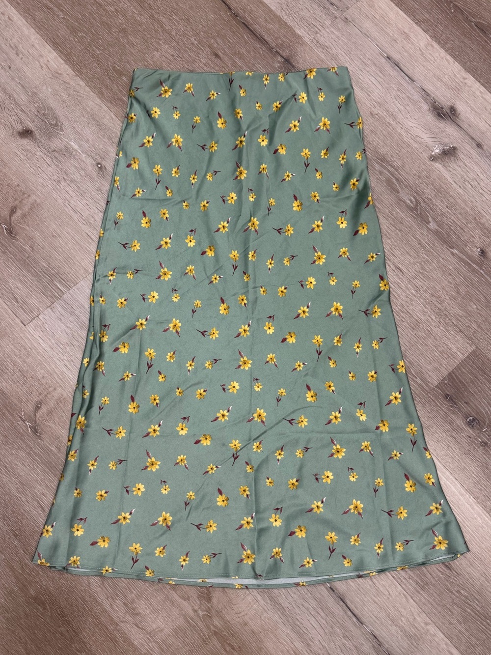 NastyGal Green Midi Skirt with Yellow Floral Print